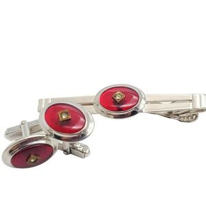 Anson Silver Tone Red Enamel & Rhinestone Oval Cufflink & Tie Bar Suit Accessory